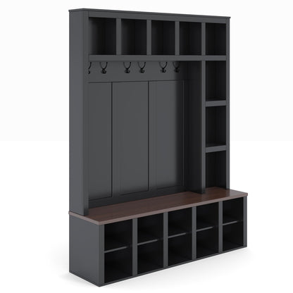 Merax Hall Tree with Bench and Shoe Storage, Farmhouse Wooden Coat Rack with 6 Hooks, Built-in 18 Open Compartments, for Entryway, Living Room, Black