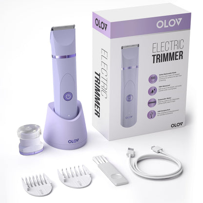OLOV Electric Body Hair Trimmer - Groin Trimmer for Men - Bikini Trimmer Women - Wet/Dry Shaver Groomer, Replaceable Ceramic Blade Heads, USB Recharge Dock, Waterproof Hygiene Razor,Black