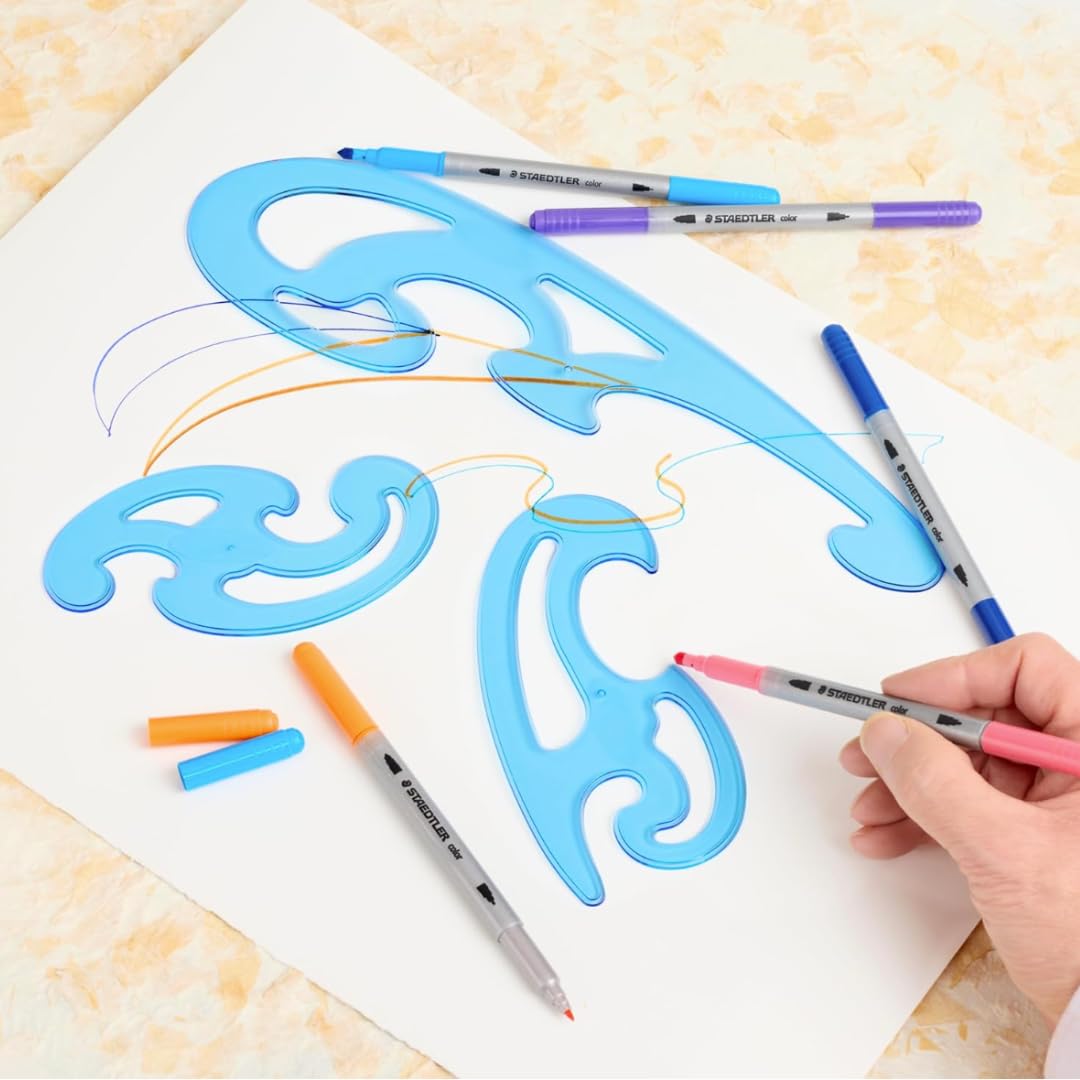 STAEDTLER Mars Professional French Curve Design Ruler Set for Pattern Making 12-Pack (6 Sets of 3 pcs), 3 Essential A B C Shapes, Blue Transparent Plastic with Inking Edge, 18 Count