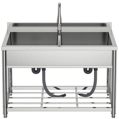 GGW 2-Compartment Commercial Sink, Stainless Steel Utility Sink with Pull-out Faucet, Free Standing Double Bowl Kitchen Sink for Restaurant, Garage, Shop, Cafe, Outoor, 21.7"D x 47.2"W x 37"H