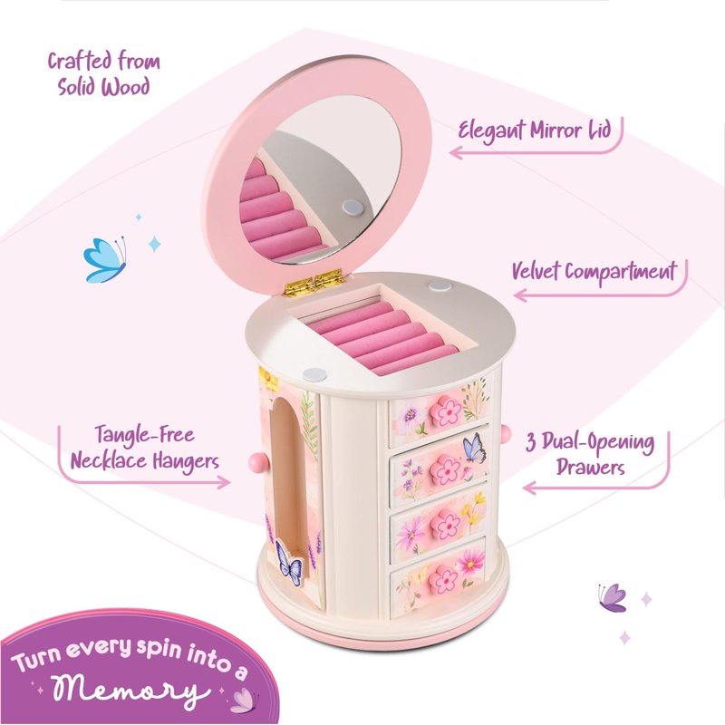 Tiny Gem - Spinning Jewelry Box for Girls Ages 2-18; Little Girl and Toddler Birthday and Christmas Gift; Flower and Butterfly White and Pink Wood Jewelry Box and Organizer; Room Decor for Accessories