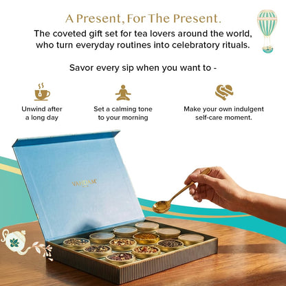 VAHDAM, Bloom - Assorted Tea Gift Set (12 Loose Leaf Tea) Tin Caddy Presentation Box | Gluten Free, Non GMO | Tea Gift Set for Women & Men