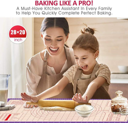 Pastry Baking Mat 28x20 Inch, Silicone Dough Sheet Mat with Measurement, Perfect for Making Pie, Pizza