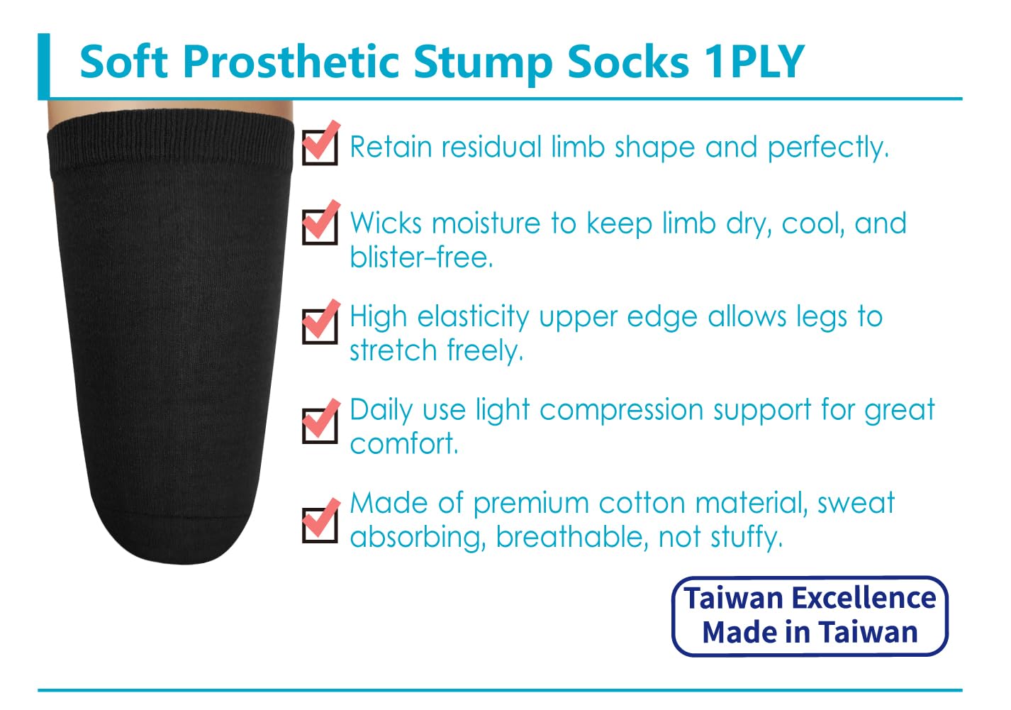 JianiMed Cotton Prosthetic Stump Socks – AK, 1 PLY, Light Compression, Soft, Thin, Amputee Socks, Taiwan Excellence, 4 PCS XL/2XL/3XL