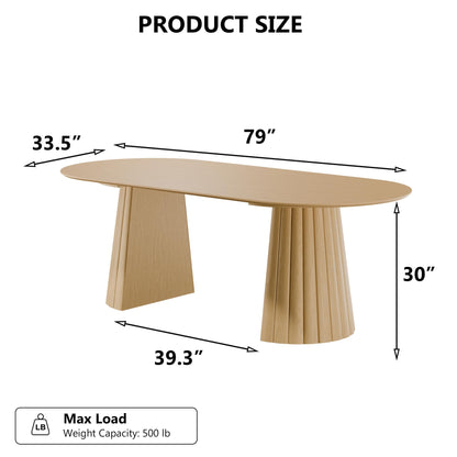 Casaphoria 79" Oval Dining Table, Modern Wood Kitchen Table with Cone Shaped Stripe Convex Base for Living Room & Dining Room, Easy Assembly Farmhouse Furniture for 6-8, Oak