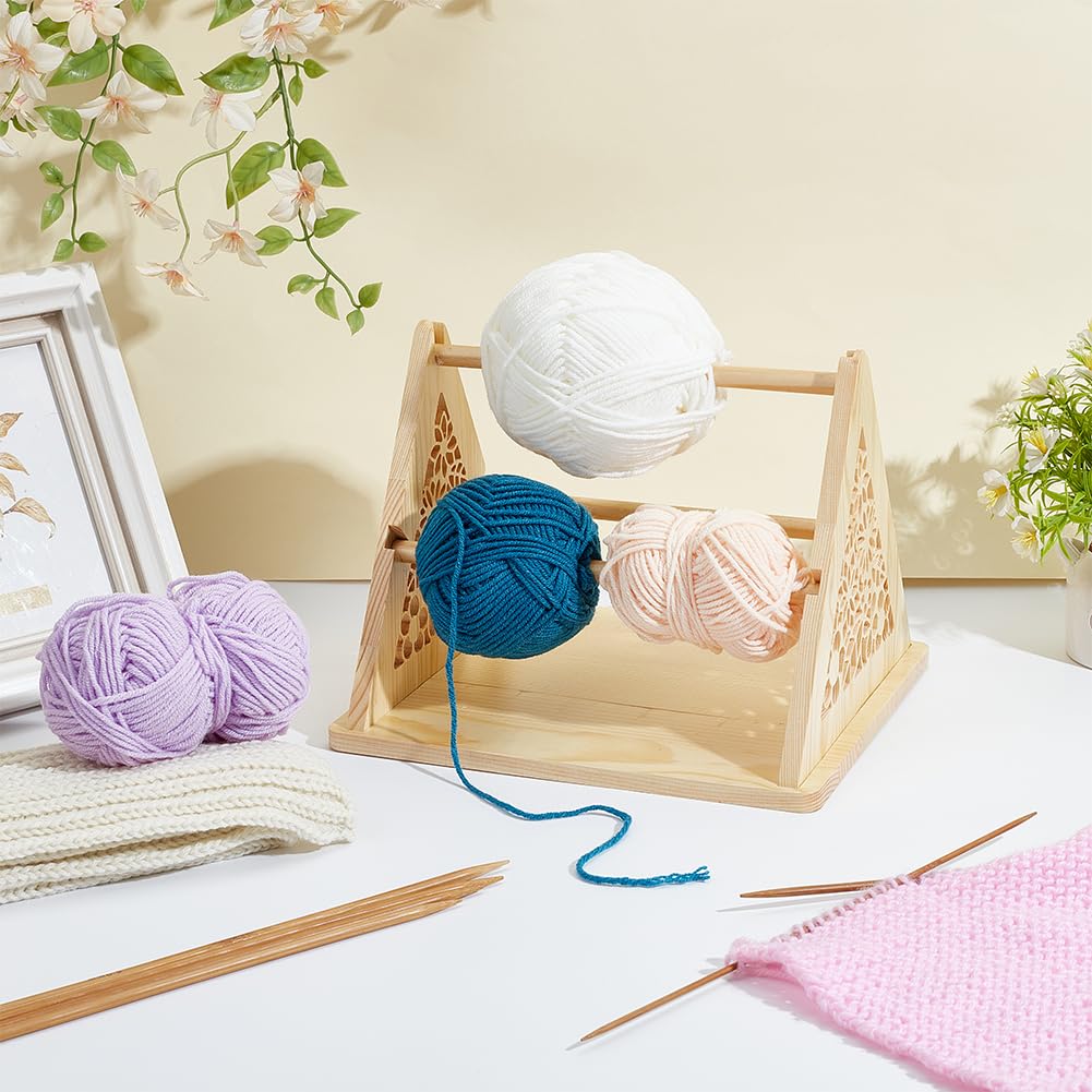 PH PandaHall Wood Yarn Holder Portable 3-Revolving Yarn Holder Dispenser Hollow Pattern Triangle Crochet Knitting Holders Crochet Yarns Storage Rack for Knitting Crocheting Handmade Gift, Light Brown