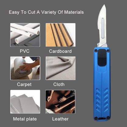 Caressolove Automatic Utility Knife, Safety Black Box Cutter Retractable, EDC Push Button Knife, Exacto Scalpel Knife, 10PCS #23 Razor Blades Pocket Knife with Clip (Blue)