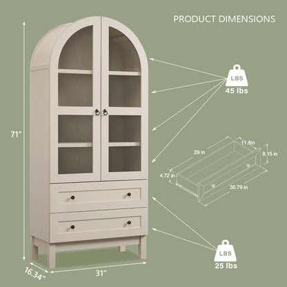 IFGET 71" Tall Arched Kitchen Pantry Cabinet, Wood Kitchens Storage Cabinets with 2 Large Drawers and Adjustable Shelves, Modern Farmhouse Versatile Cupboard for Kitchen, Dining Room, Bathroom, Cream