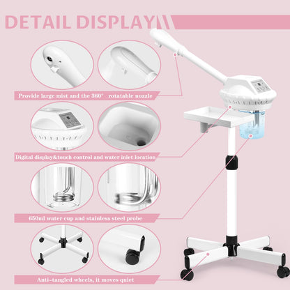 Professional Facial Steamer, 2In1 Face Steamer on Wheels for Facial Deep Cleaning, SPA Facial Steamer for Esthetician with 5X Magnifying Lamp, Stand Face Steamer with Time Setting, Pink