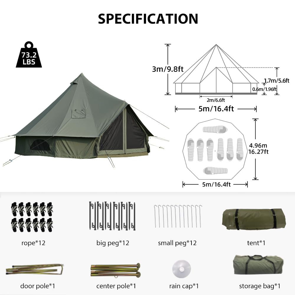 WaldZimmer Canvas Bell Tent 16.4ft Green with Stove Jack and Zipped Removable Floor, Luxury Outdoor Glamping Yurt Cotton Tent for Family Truck Car Camping Hunting Party