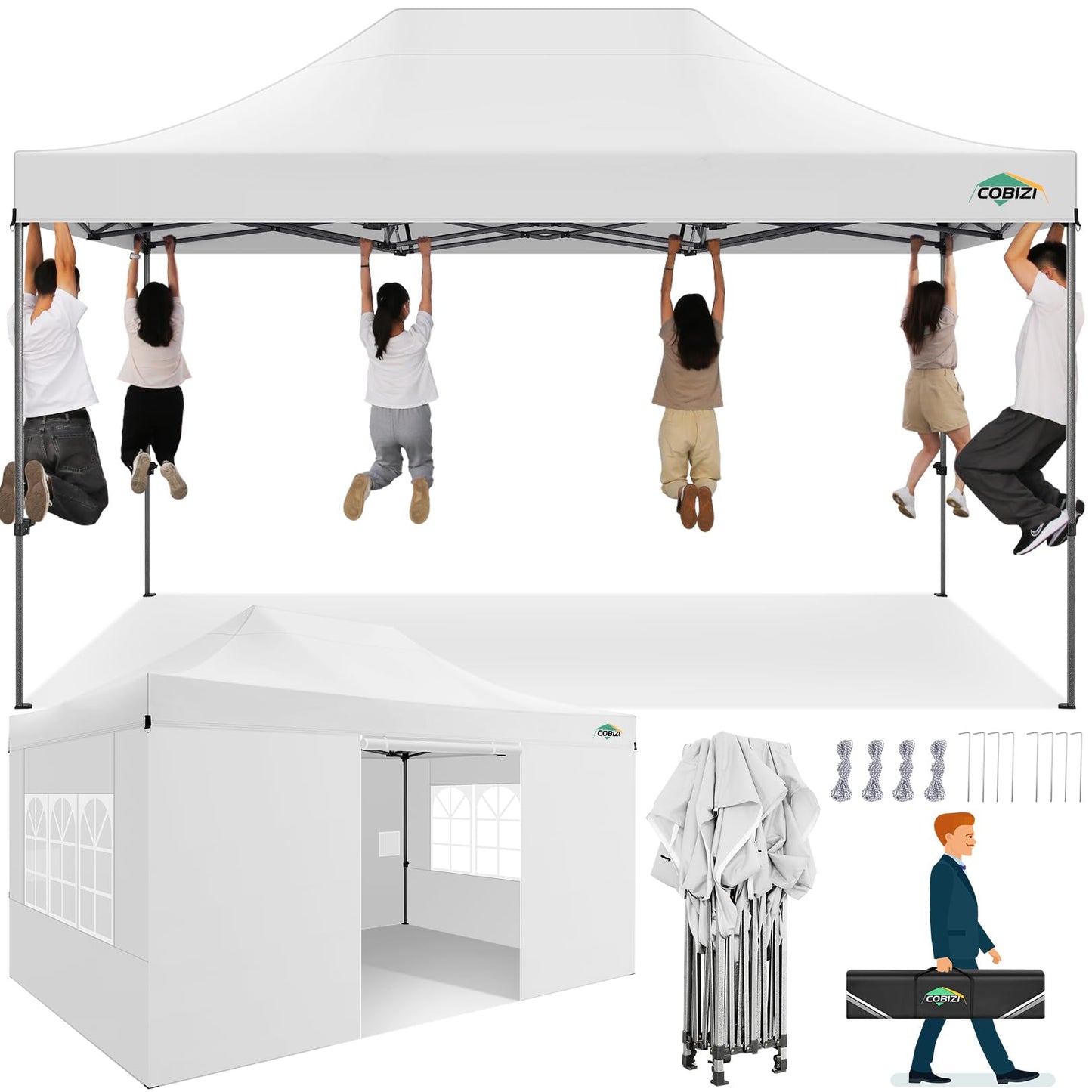 COBIZI 10x15 Heavy Duty Pop up Canopy Tent with 4 sidewalls Commercial Outdoor Canopy Wedding Party Tents for Wedding All Season Wind & Waterproof Gazebo with Carry Bag, White(Frame Thickened)