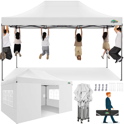 COBIZI 10x15 Heavy Duty Pop up Canopy Tent with 4 sidewalls Commercial Outdoor Canopy Wedding Party Tents for Wedding All Season Wind & Waterproof Gazebo with Carry Bag, White(Frame Thickened)