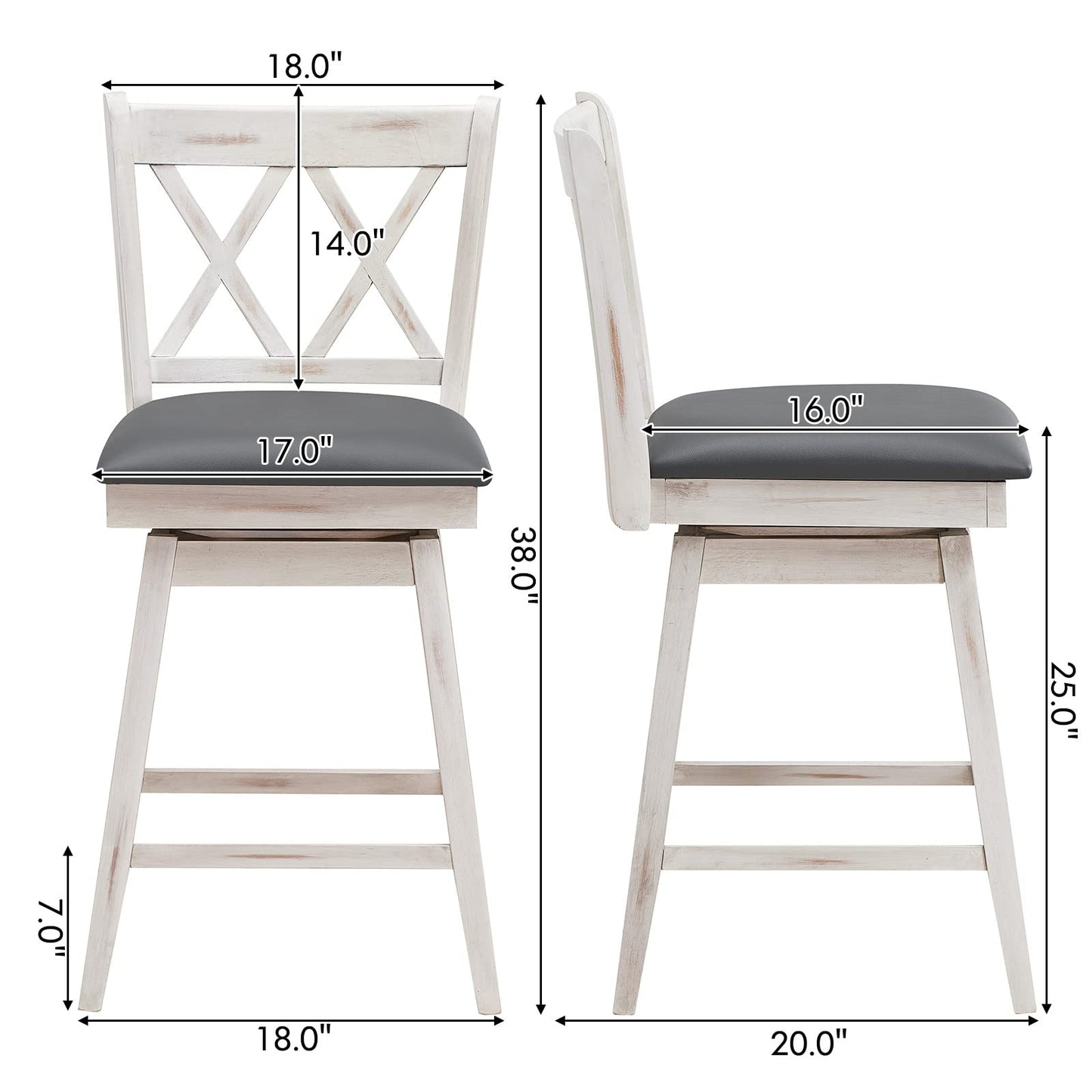 COSTWAY Bar Stool Set of 4, 360 ° Swivel Counter Height 25inch Bar Stool with Foot Rest Upholstered Cushion & Ergonomic Backrest, Sturdy Frame, for Pub, Kitchen Islands (4, Antique White + Grey)