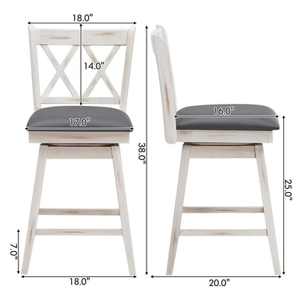 COSTWAY Bar Stool Set of 4, 360 ° Swivel Counter Height 25inch Bar Stool with Foot Rest Upholstered Cushion & Ergonomic Backrest, Sturdy Frame, for Pub, Kitchen Islands (4, Antique White + Grey)