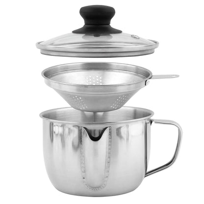 Stainless Steel Fat Separator with Strainer & Glass Lid, 1000ml Gravy Grease Separator for Soup, Stew, and Sauces,Two-Way Outlet, Multi-Use Kitchen Essential