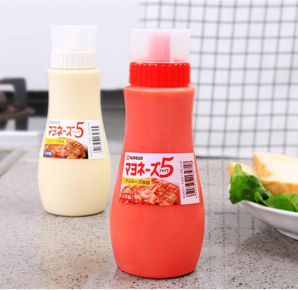 MXY 380ml Japanese Squeeze Bottle with Dust Lid, Creative 5 Hole Design for Salad, Vinegar, Ketchup, Honey, Oil (Red)