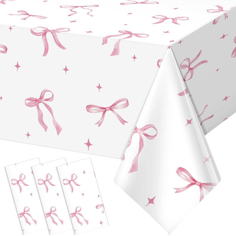KEASKELL 3Pcs Coquette Party Tablecloths Decorations,Pink Bow Plastic Table Cover Disposable Rectangle Table Cloth for Girls Birthday Bridal Wedding Party Supplies,54x108 Inch