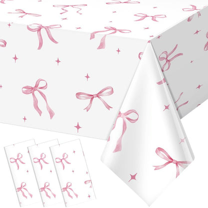 KEASKELL 3Pcs Coquette Party Tablecloths Decorations,Pink Bow Plastic Table Cover Disposable Rectangle Table Cloth for Girls Birthday Bridal Wedding Party Supplies,54x108 Inch