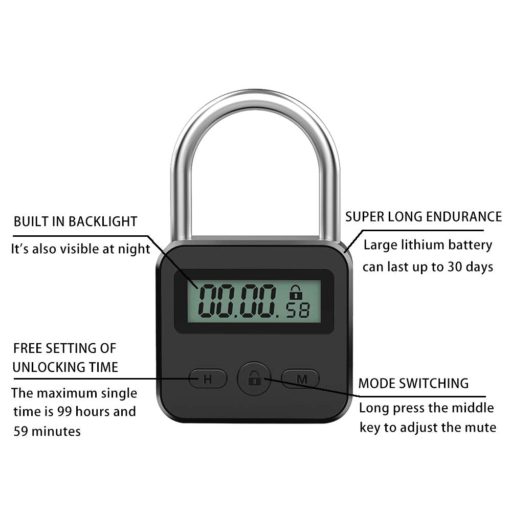 Metal Timer Lock, LCD Display Multi-Function Electronic Time, 99 Hours Max Timing, USB Rechargeable Timer Padlock (Black)