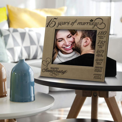 BELLA BUSTA 15 Years of Marriage Happy Anniversary Engraved Leather Picture Frame, 5 x 7 Horizontal