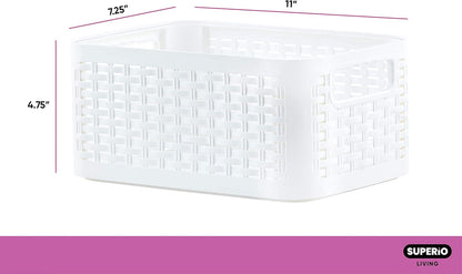 Superio Woven Plastic Storage Basket Box, 9 Quart, White - Wicker Home Organizer Shelf Bins for Closet, Handles