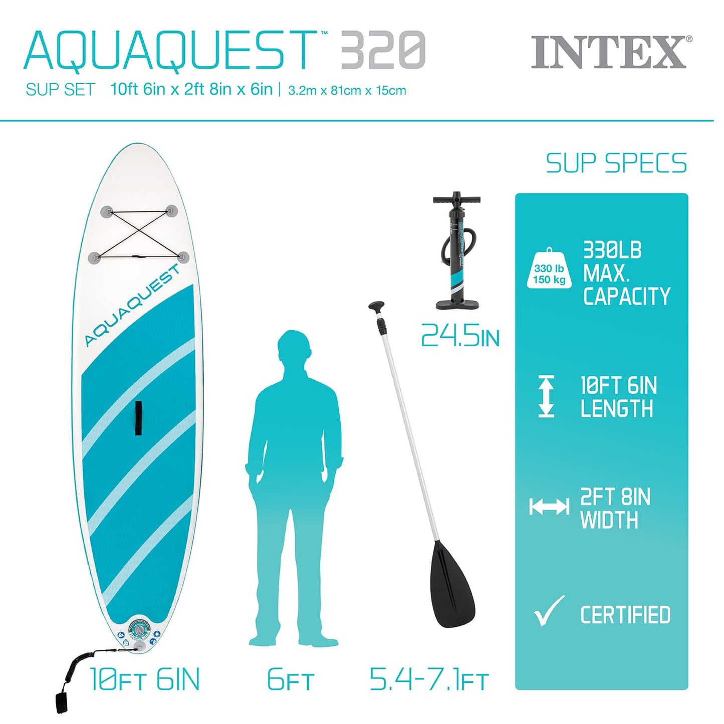 INTEX 68242EP AquaQuest 320 10ft Inflatable Paddle Board Set: Tri-Fin Design – Slip-Resistant EVA Pad – Includes Adjustable Paddle and High Pressure Pump – Storage Rope – 330lb Weight Capacity