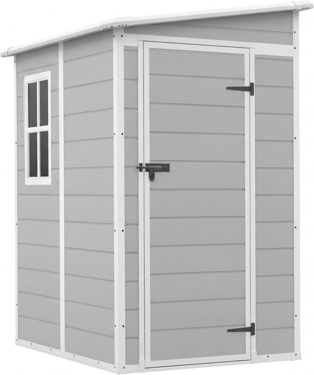 Devoko 5 x 4 FT Resin Outdoor Storage Shed with Floor, Plastic Tool Shed with Window, Outside Waterproof Garden Shed with Lockable Door for Patio, Lawn, Backyard, Poolside, Light Grey