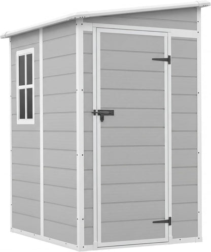 Devoko 5 x 4 FT Resin Outdoor Storage Shed with Floor, Plastic Tool Shed with Window, Outside Waterproof Garden Shed with Lockable Door for Patio, Lawn, Backyard, Poolside, Light Grey