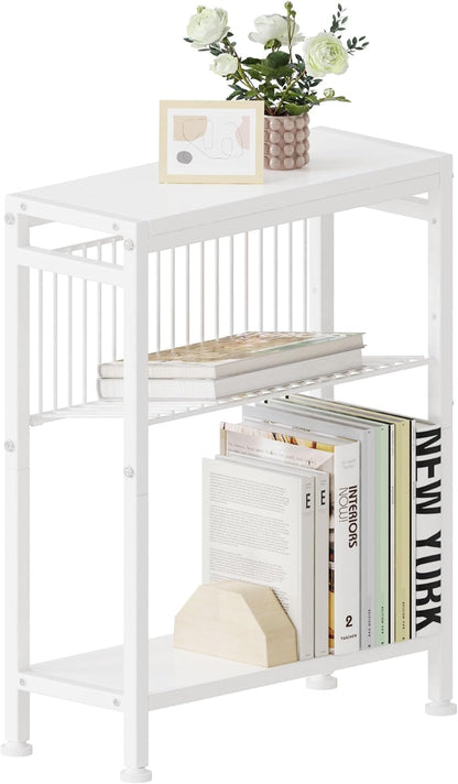 2 1 Side Table for Small Spaces, Narrow End Table with Magazine Holder, in Design Slim Side Table, Skinny Nightstand