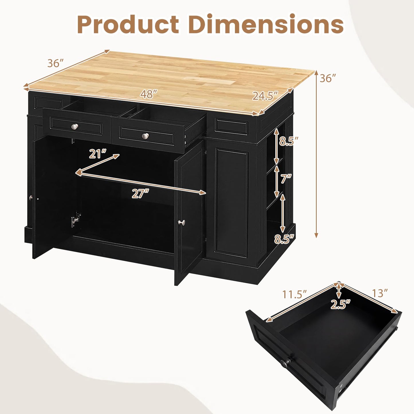 Giantex Kitchen Island with Storage & Drop Leaf, 48" Stationary Island Table with Rubber Wood Top, 2 Drawers, Cabinet, Adjustable Shelf, Butcher Block Island for Living Dining Room, Bar (Black)