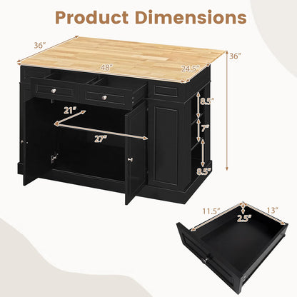 Giantex Kitchen Island with Storage & Drop Leaf, 48" Stationary Island Table with Rubber Wood Top, 2 Drawers, Cabinet, Adjustable Shelf, Butcher Block Island for Living Dining Room, Bar (Black)