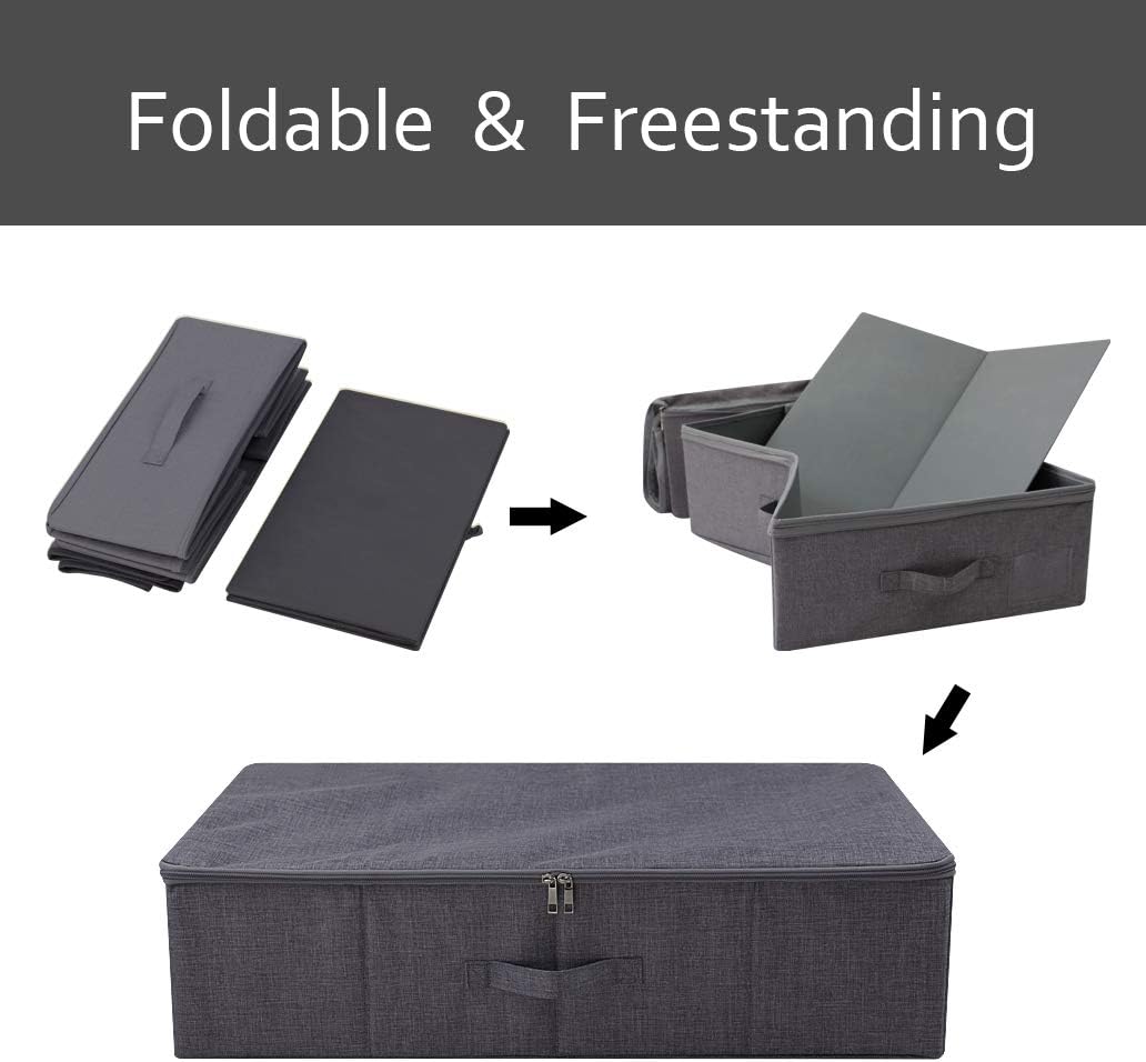 Underbed Storage Boxes for Bedding, Garment, Duvets, Blankets, Shoes, Folding Fabric Rigid Bins with Zip Lid, Washable