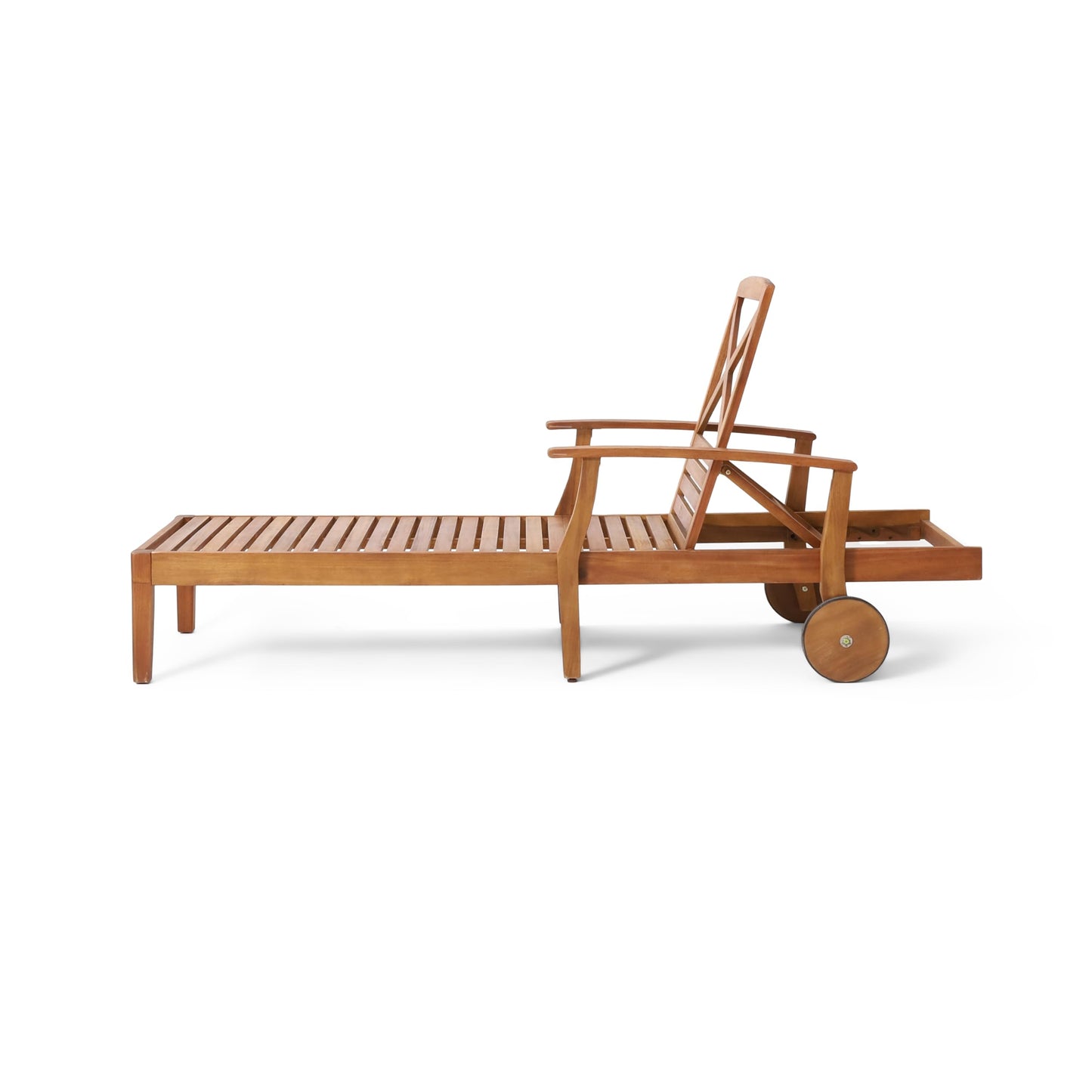 Merax Outdoor Chaise Lounge with Wheels & 5-Position Adjustable Backrest, Acacia Wood Pool Lounge Chairs Patio Loveseat Sun Tanning Chair, 79"x30"x22", Teak