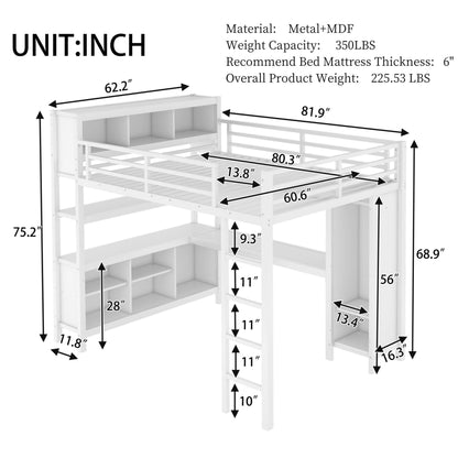 KEIKI Metal Queen Size Loft Bed Frame with Built-in L Shaped Desk, Wardrobe, Stairs, Storage Cubes & Shelves for Kids Teens Adults, No Box Spring Needed