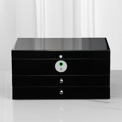 SYENS Jewelry Box with Fingerprint Lock, Black Wood Piano Lacquer Jewellery Organizer Storage Box with Drawer, 3-layer Full Lockable, for Women or Men's gift