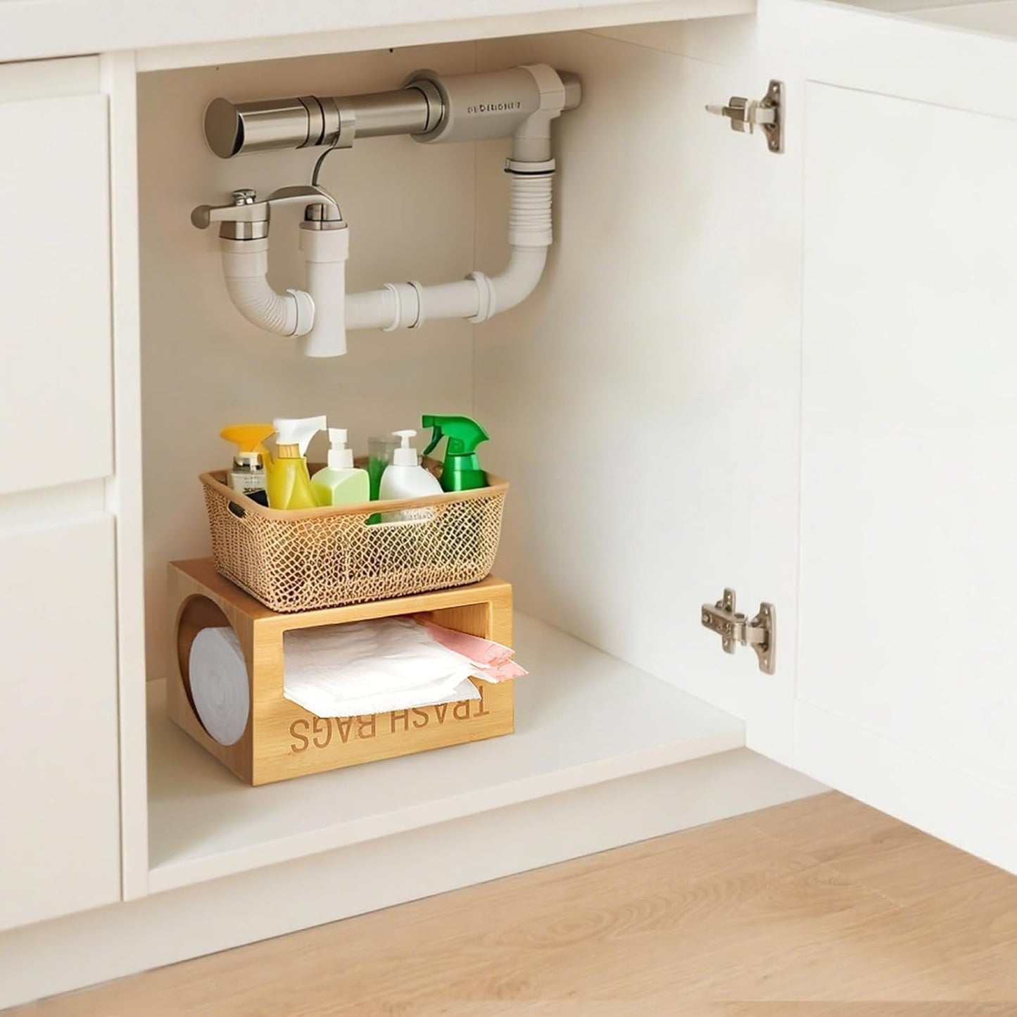 13-33 Libreshine Bamboo Garbage Bag Dispenser Roll Holder - Wall Mount Trash Bag Organizer for Gallons, Under Sink