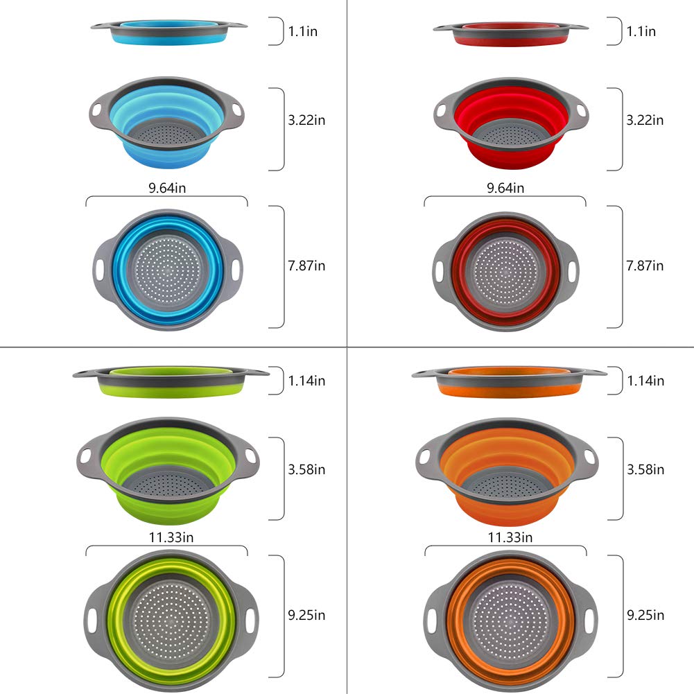 QiMH Collapsible Colander and Strainer Set of 4, 2 PC 4 Quart(1 gal) and 2 PC 2 Quart(0.5 gal), Food-grade Sturdy Plastic Base - Round Space-save Silicone Kitchen Foldable Strainer for Pasta, Veggies