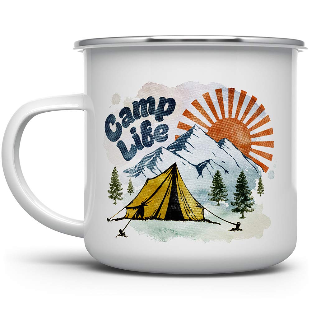 Camp Life Enamel Campfire Mug, 12oz Outdoor Coffee Cup, Mountain Nature Hiking Lover Gift