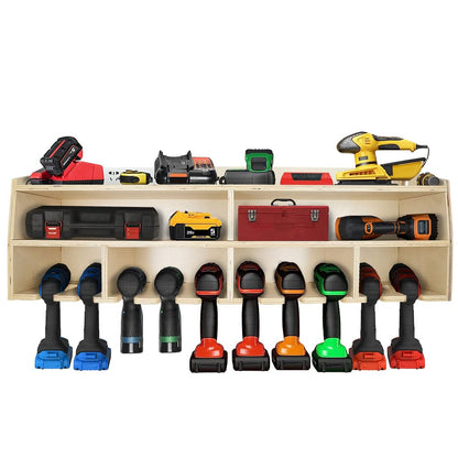 Pro Lift Cordless Drill Organizer – wall mount power tool storage rack, 10 hanging slots, wooden M-005W