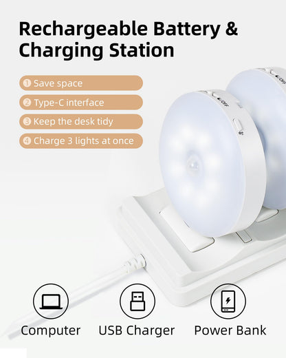 EZVALO Under Cabinet Lighting with Charging Station, 1000mAh Rechargeable Puck Lights with Remote, 3 Color Temps & 12 RGB Closet Lights, Dimmable Motion Sensor Lights for Shelf, Kitchen (6 Packs)