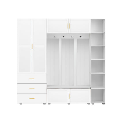 Amposei 94.49’’W Extra Large Hall Tree Cabinet with 6 Doors & 3 Drawers, Tall Entryway Organizer Shoe Storage Bench with 4 Coat Hooks & 6 Open Cubbies for Hallway Mudroom Living Room, White