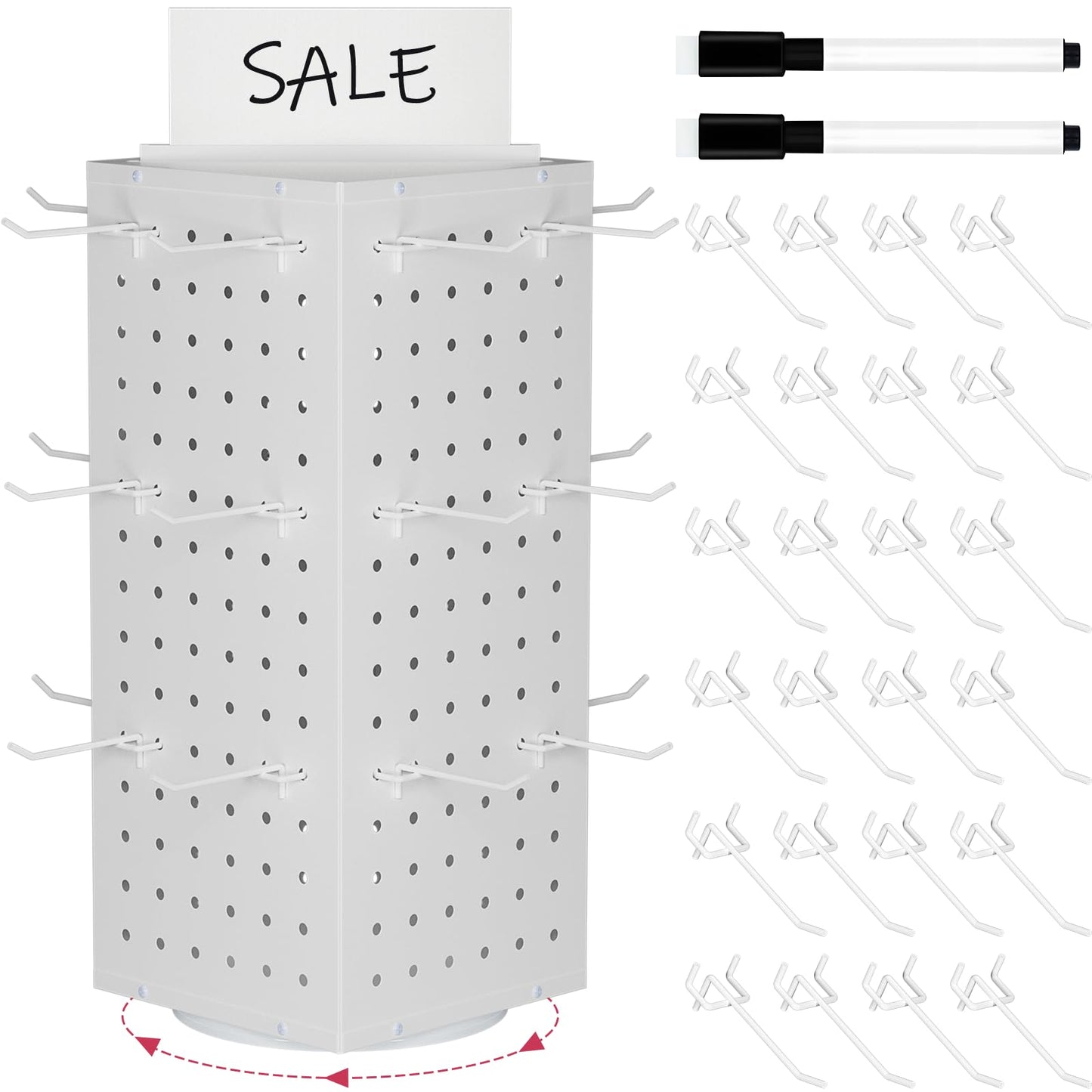 SIBRANT Rotating Pegboard Display Stand With 24 Hooks,Spinning Peg Board Displays,Tabletop Metal Pegboard Shelf for Craft Shows & Fairs, Retail Stores, Vendors Arts and Crafts (White)