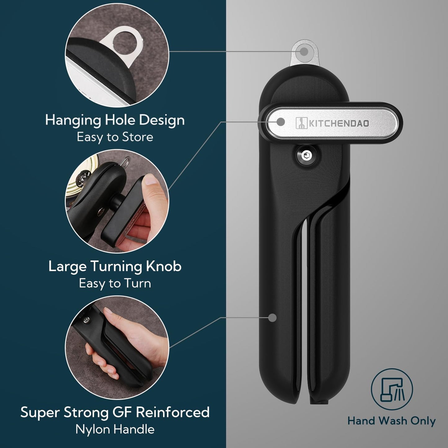 KITCHENDAO Replaceable Can Opener with 2 Extra Blades, Super Sharp Manual Can Opener with Magnet, Smooth Edge Cut Handheld Tin Opener, Large Turning Knob for Seniors & Arthritis, Black