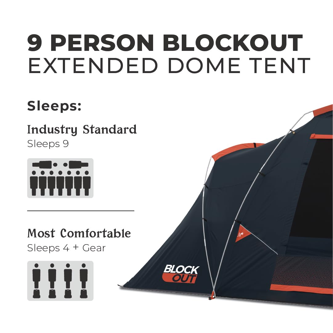 CORE 9 Person Dark Room Tent | Best Car Camping Outdoor Family Blackout Dome Tent | Included Wall Organizer for Camping Accessories
