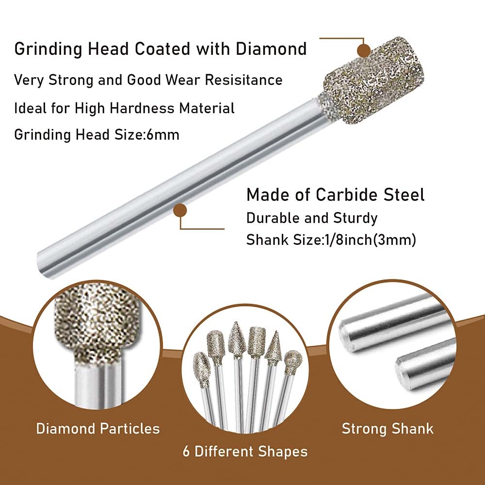 Stone Carving Set Polishing Diamond Burrs, Rotary Tools Accessories Grinding Burrs with 1/8 inch Shank For Carving, Engraving, Grinding, Polishing Stone, Glass, Jewelry, Ceramics, Rock