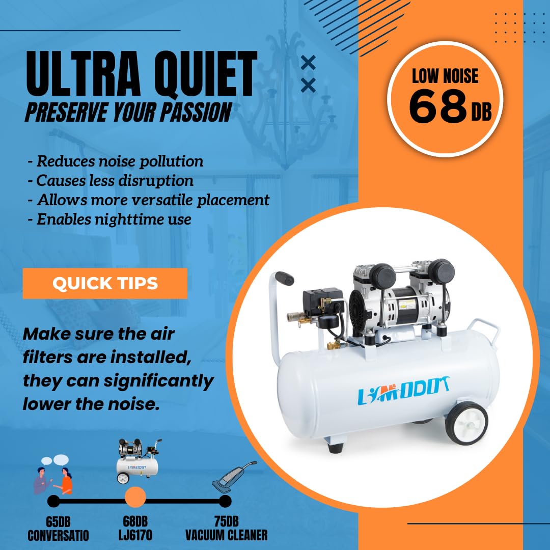 Air Compressor, Quiet Air Compressor, Only 68dB, 8 Gallon Durable Steel Air Tank, 2.8CFM @ 90PSI, Oil-Free, Ideal For Woodwork Nailing, Garage, Cars, Pneumatic Tools, 1.2 HP