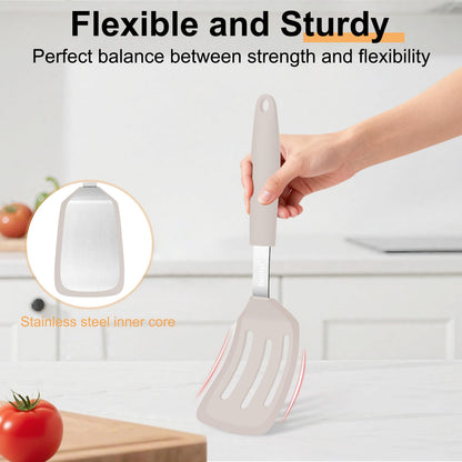 Beijiyi 2 Pack Silicone Spatula Set, 600°F Heat Resistant Spatulas for Cooking, BPA Free Kitchen Utensils, Solid & Slotted Flexible Turner for Non Stick Frying Pan, Flipping Eggs, Pancakes (Khaki)