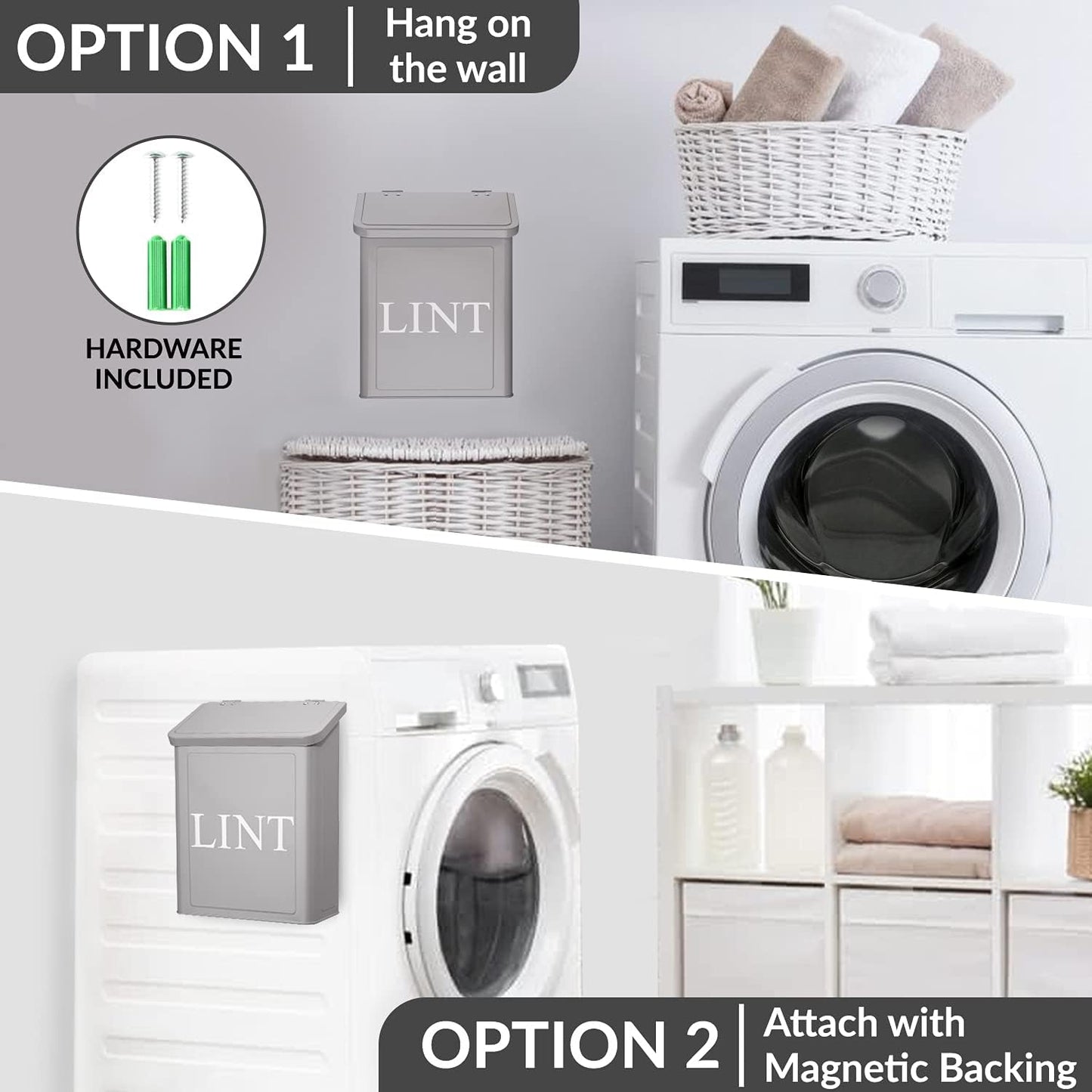 Calindiana Modern Farmhouse Metal Magnetic Lint Bin for Laundry Room Decor with Lid, Wall Mount Space Saving Trash Can,