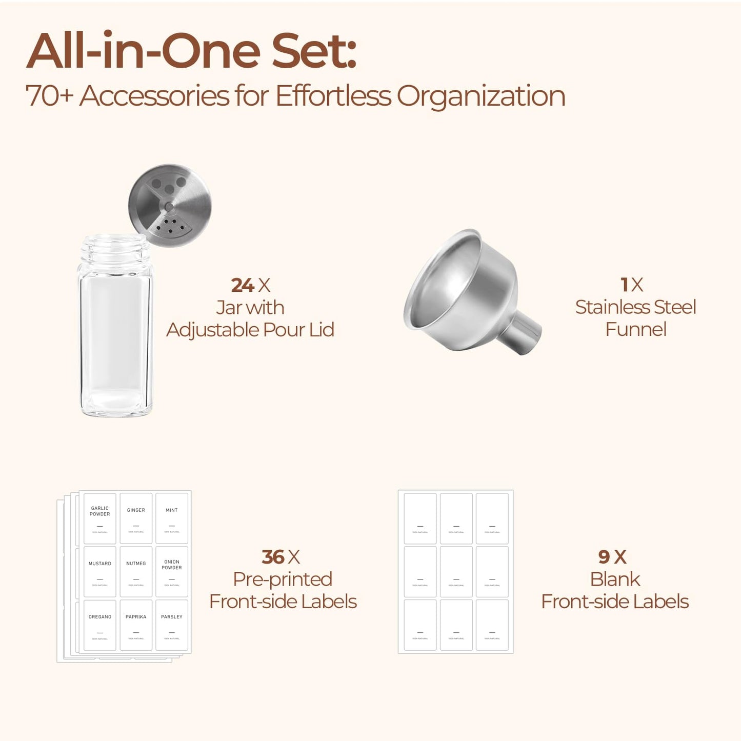 ComSaf Spice Jars with Shaker lids Adjustable, 4oz 24PCS，45 Labels, Comdiment Jars Set, Empty Spice Containers and Square Ingredient Bottles for Kitchen and Seasoning, Bulk Salt and Pepper Shaker Set