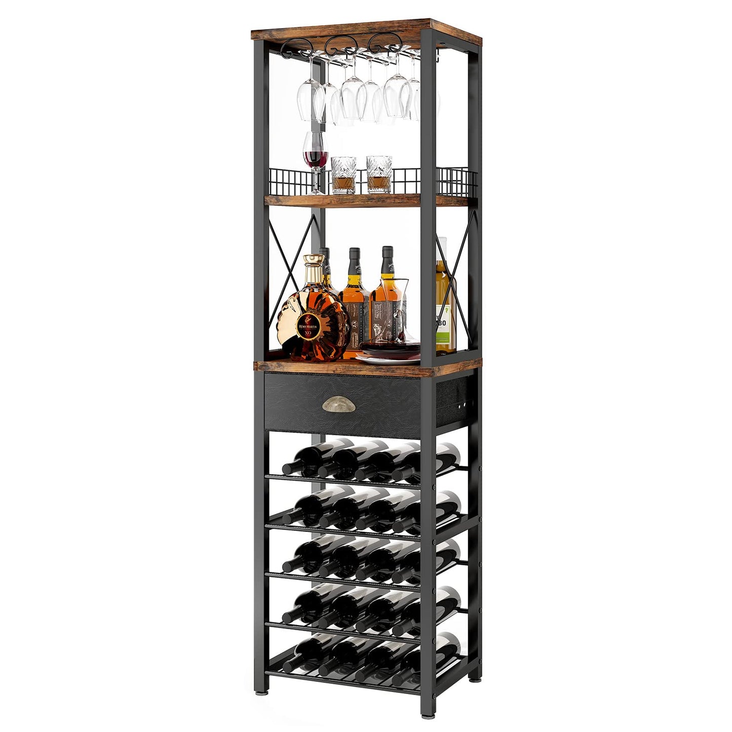 Homeiju Wine Rack Freestanding Floor, Bar Cabinet for Liquor and Glasses, 4-Tier bar Cabinet with Tabletop, Glass Holder, Storage Drawer and Wine Storage for Living Room (Patent No.D29872845)